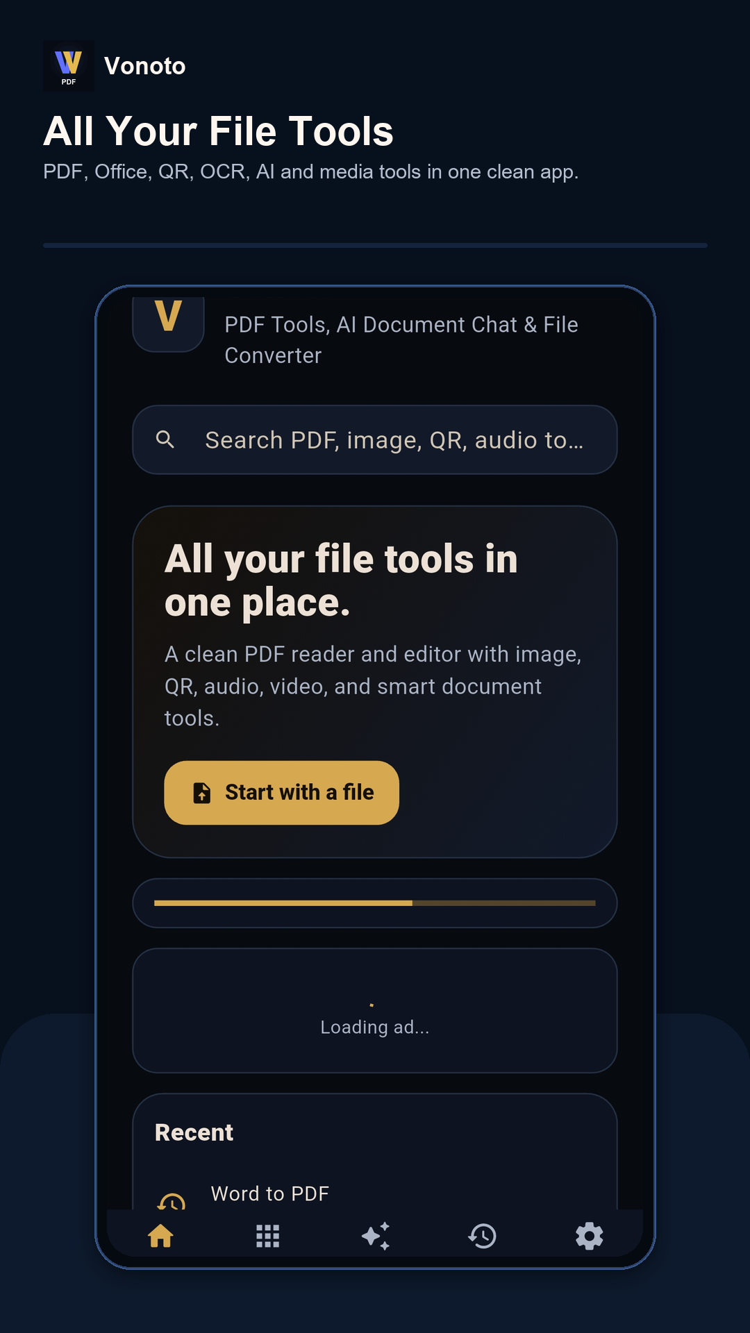 Vonoto app home screen with file tools