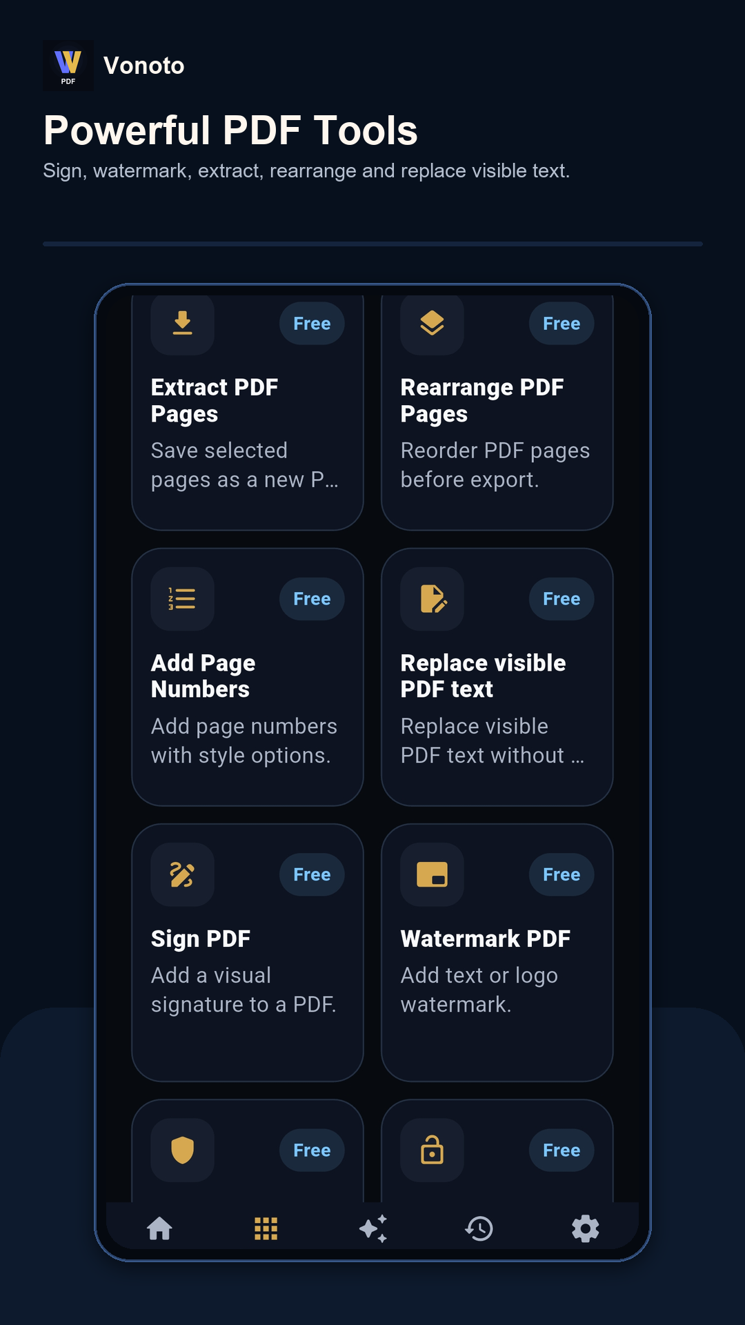 Vonoto PDF tools screen in the Android app